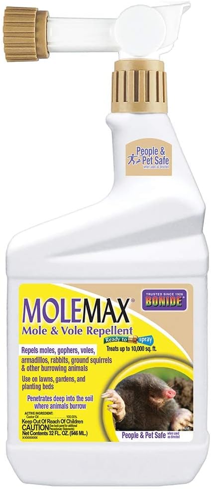 Bonide MOLEMAX Mole & Vole Repellent, 32 oz Ready-to-Spray Animal Repellent for Gardens, People and Pet Safe