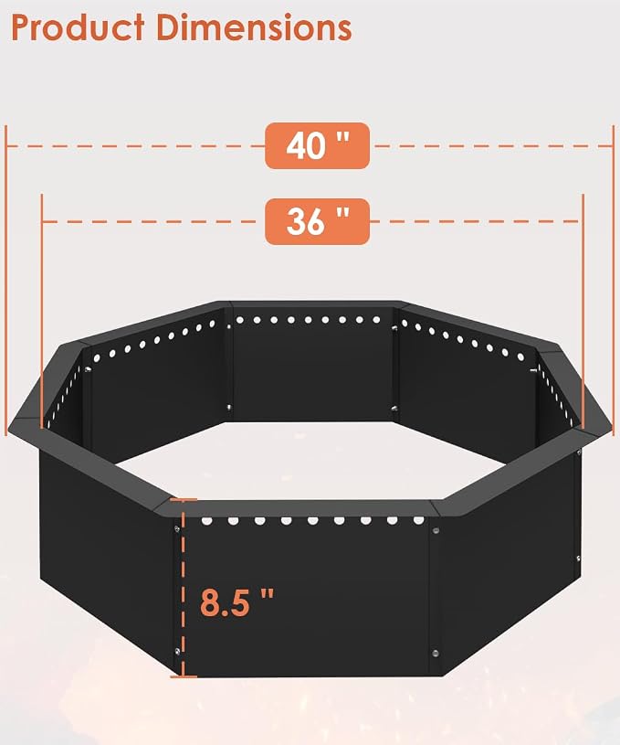 Mocomax Smokeless Fire Pit Ring 40-Inch Outer 36-Inch Inner Diameter, Large Solid Steel Firepit Liner for Outside Wood Burning, DIY Campfire Ring Above or In-Ground for Outdoor, Octagonal