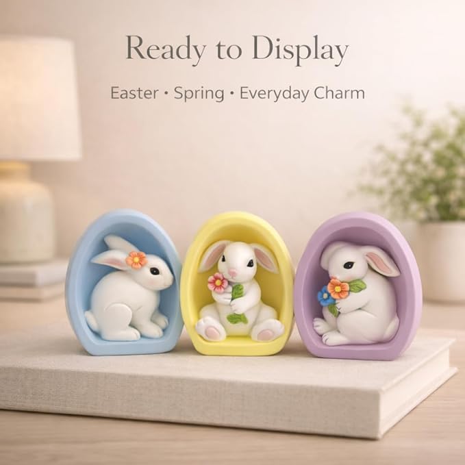 GoGnome Resin Easter Bunny Alcove Figurines, Set of 3 – Pastel Egg Frame Bunny Decor, Spring Shelf & Mantel Display, Cute Seasonal Home Accent (Blue/Yellow/Purple)