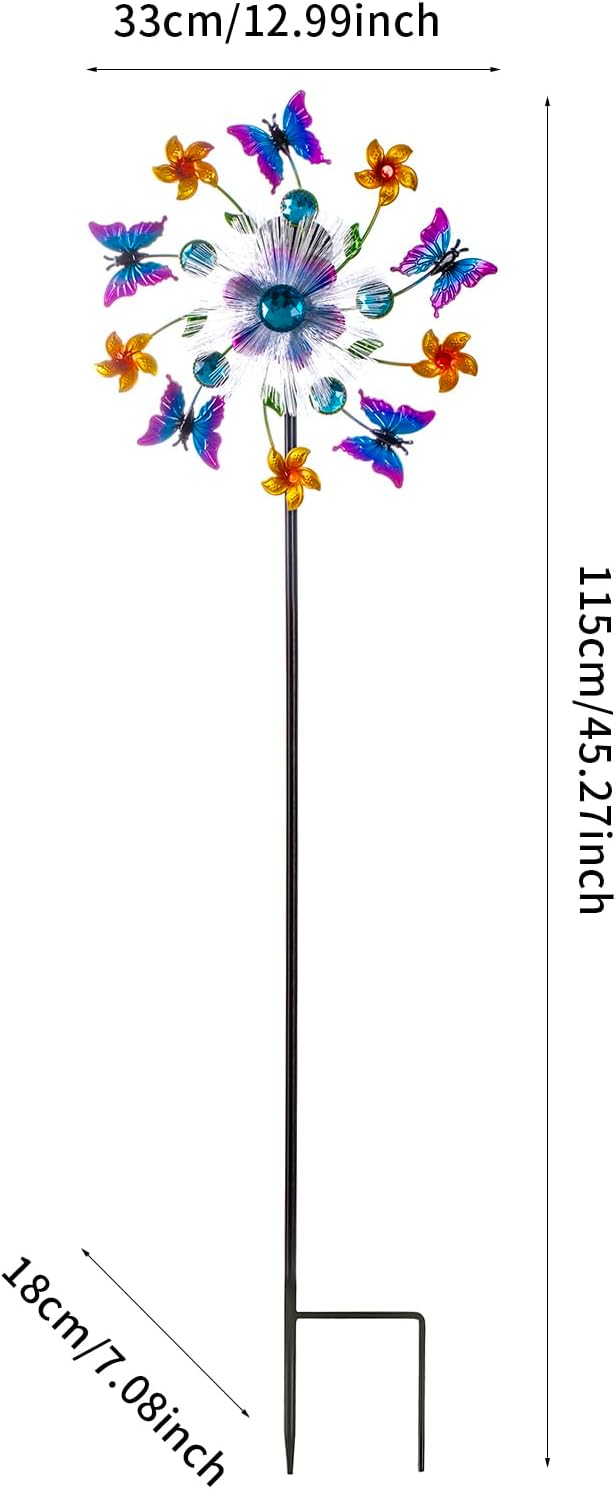 44" Butterfly Wind Spinners Garden Stake, Solar Flower Butterfly Wind Sculpture Yard Art Decorations for Lawn, Patio & Yard & Garden Decor, Metal Whirligigs Wind Spinners Outdoor Decor
