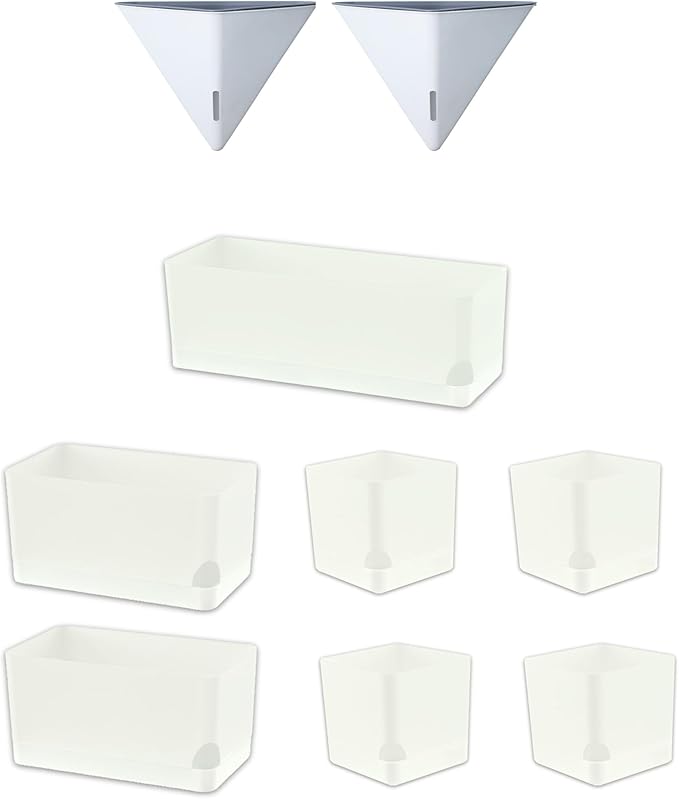LaLaGreen Bundle- 2 Pack, 12 Inch White Geometric Self Watering Pot + 7 Pack, Small Medium Large Planter Rectangular Window Plastic Boxes Plant Herb Flower Holder Modern Stylish Hanging Indoor Decor