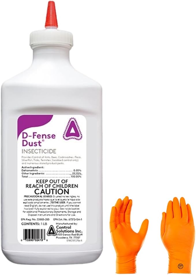 D-Fense Dust 1 lbs - Water Resistant, 8 Month Control, Targets: Ants, roaches, Bed Bugs, Scorpions, Spiders and More with USA Supply Gloves and Pest Identification Card