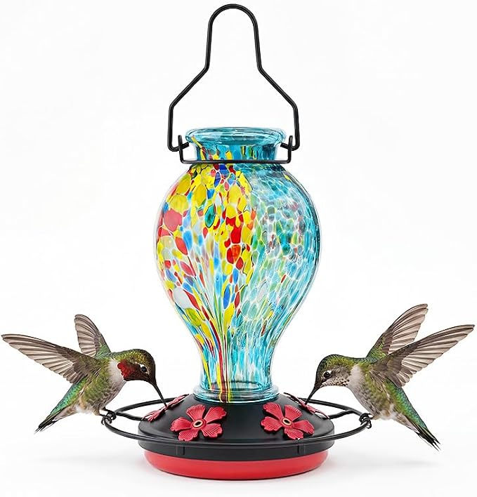 Hummingbird Feeder Colorful Blown Glass Outdoor Hummingbird Feeder with Ant Moat and 5 Feeding Ports for Outdoors Hanging Garden Decor, Bird Lovers (Blue)