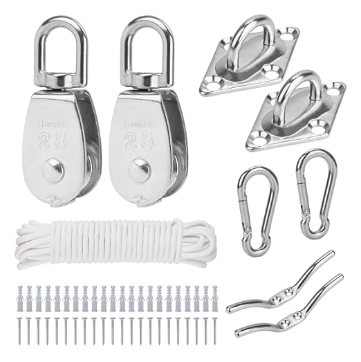TooTaci M25 Pulley Systems, 2 Pack 25mm Pulley Block with 33ft 1/4" Nylon Rope, 304 Stainless Steel Heavy Duty Pulleys Wheel with Rope Cleat, Eye Pad Plate and Hooks, for Sun Shade Sail, Clothesline