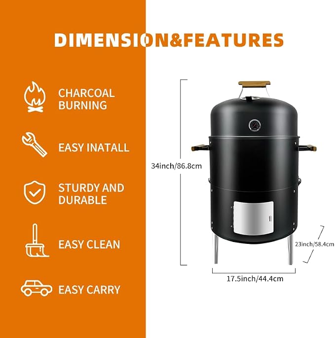 17" BBQ Smoker Grill Built in Thermometer Air Vent and adding charcoal door Multi-Layer heavy duty Meat Smoker Grill