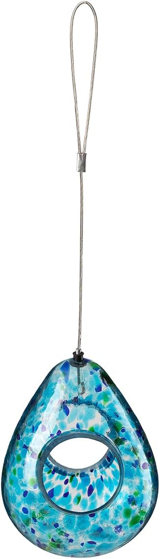 Glitzhome Glass Bird Feeder for Outdoors, 6.75" H Blue Dots Teardrop Hanging Birdfeeder for Garden Tree Yard Outside Decoration