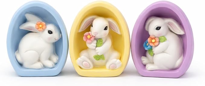 GoGnome Resin Easter Bunny Alcove Figurines, Set of 3 – Pastel Egg Frame Bunny Decor, Spring Shelf & Mantel Display, Cute Seasonal Home Accent (Blue/Yellow/Purple)