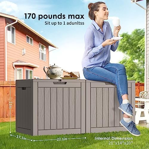 30 Gallon Deck Box, Waterproof Resin Outdoor Storage Box with Lockable Lid, Patio Storage Box with Fade Resistant for Patio Furniture Cushions, Pool Accessories, Garden Tools, Light Coffee