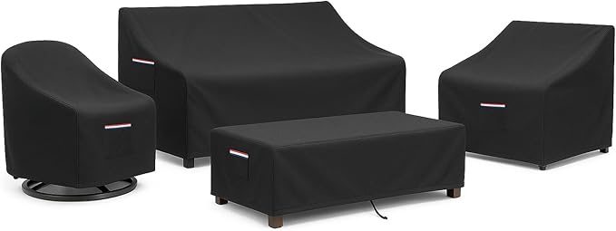 4-Piece Patio Furniture Cover Set, Waterproof Outdoor Furniture Covers for 3-Seater Sofa, Patio Chairs & Coffee Table, Heavy-Duty 600D, Fade&UV-Resistant, Breathable, All-Season Protection, Black