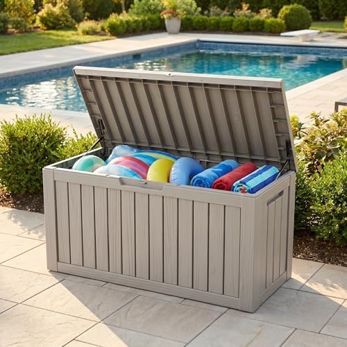 80 Gallon Deck Box, Waterproof Resin Outdoor Storage Box with Lockable Lid, Patio Storage Box with Fade Resistant for Patio Furniture Cushions, Pool Accessories, Garden Tools, Light Coffee