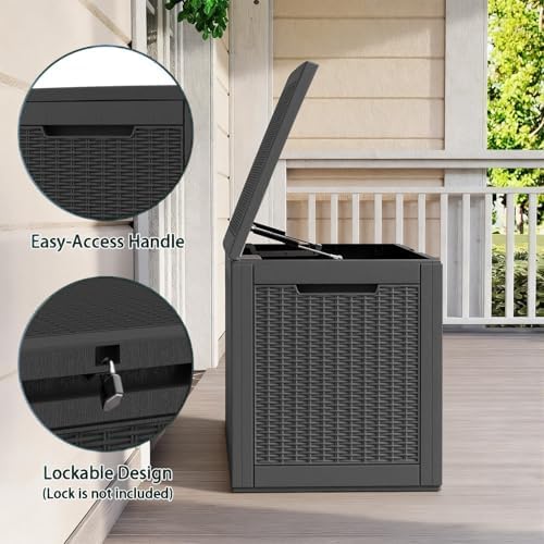 100 Gallon Deck Box, Waterproof Resin Rattan Outdoor Storage Box with Lockable Lid, Fade Resistant Patio Storage Box for Garden Tools, Pool Accessories, Outdoor Cushions, Black