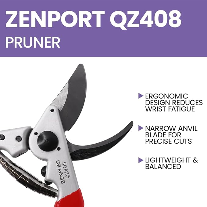 Zenport QZ408 Ergonomic Professional Pruner, 8.25 Inch Garden Pruning Shears, 1 Inch Cut Capacity, Forged Aluminum Handle, Replaceable Carbon Steel Blade