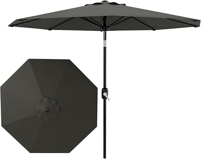 Garvee 9 ft Patio Umbrella - 8 Sturdy Ribs Outdoor Table Umbrella with Crank Lift & Push Button Tilt - Market Umbrella for Pool, Deck, Yard, Garden - Gray