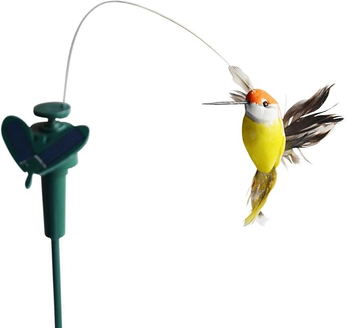 Solar or Battery Powered Fluttering Hummingbird, Real Feather Wings and Tails