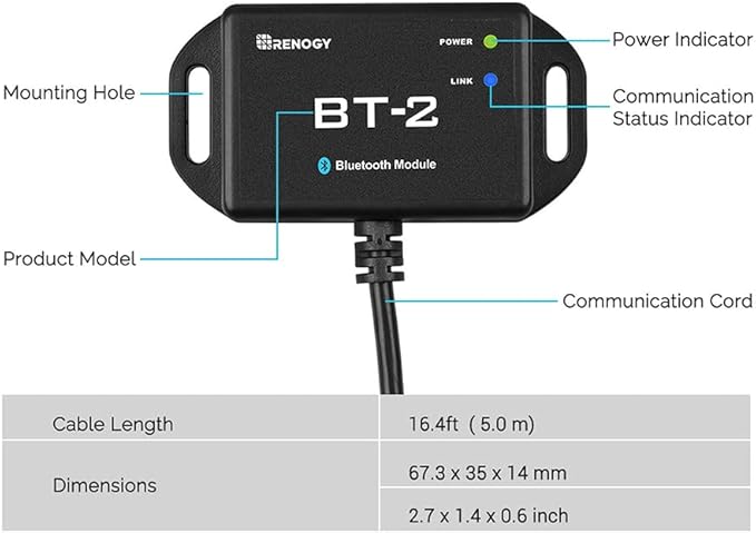 Renogy BT-2 Bluetooth Module for Solar Systems - Wireless Monitor & Control via DC Home App, RS485/RJ45 Port, 82ft Range,IP54 Waterproof,Compatible with MPPT Controllers,Lithium Batteries,Inverters