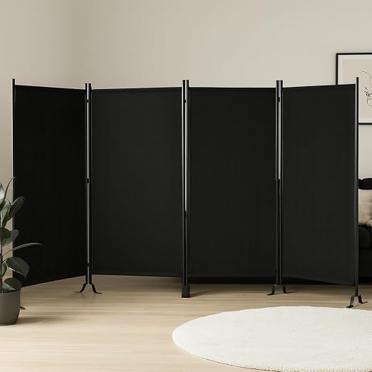 Proman Products - Galaxy 4 Panel Section Privacy Folding Screen Divider, Water Repellent Fabric Room Divider with Black Powder Coated Metal Frame for Indoors or Outdoors (Black)