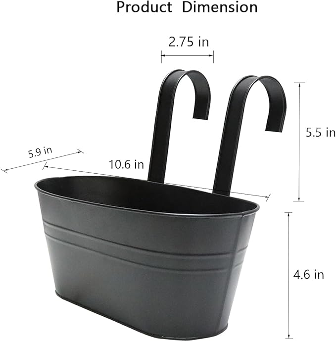 Cornasee 10.6" Metal Railing Planter for Fence/Balcony/Window/Outdoor, 5-Pack Hanging Planters Vintage Flower Pot with Detachable Hooks for Strawberry,Herb,Cactus Black