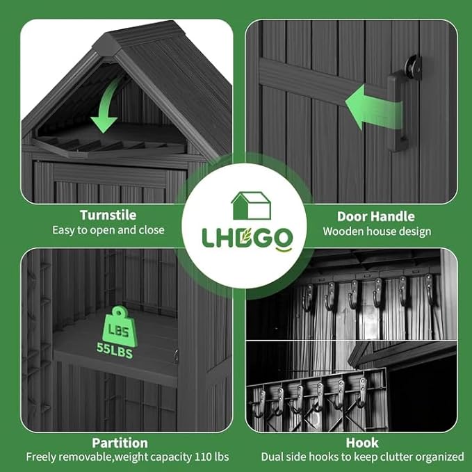 LHBGO Outdoor Storage Shed with Door & Shelf, Large Capacity Weatherproof Garden Tool Cabinet with Multiple Hooks for Backyard, Patio, Lawn（Black