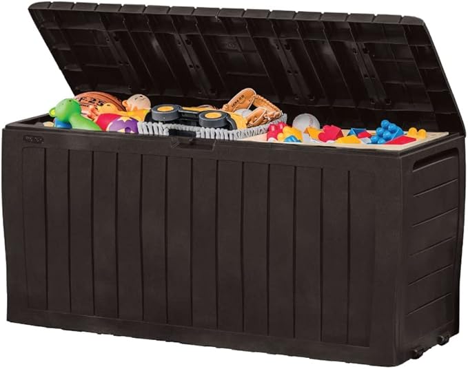 EAST OAK Deck Box, 31 Gallon Indoor and Outdoor Storage Box with Padlock for Patio Cushions & Keter Marvel Plus 71 Gallon Resin Outdoor Box for Patio Furniture Cushion Storage, Brown