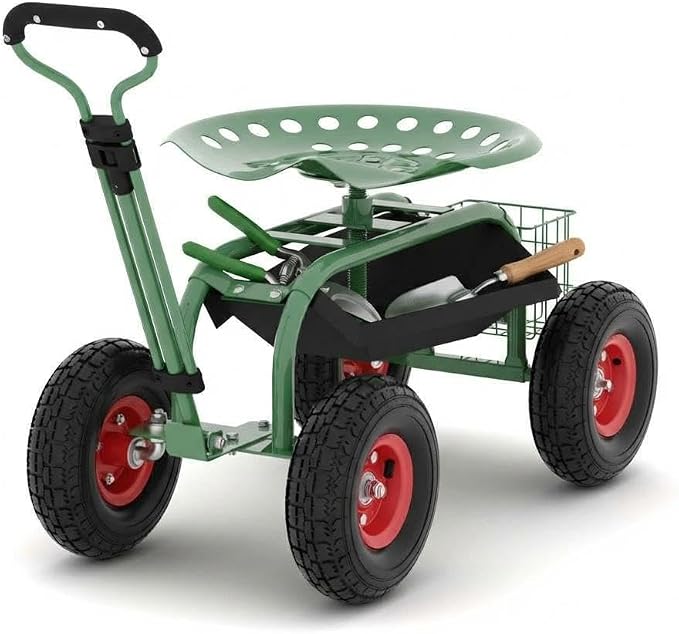 CuisinSmart Garden Cart with Seat on Wheels, Rolling Gardening Stool with 360° Swivel Seat, Steering Handle & Large Utility Tool Tray for Planting, Weeding, Lawn Care