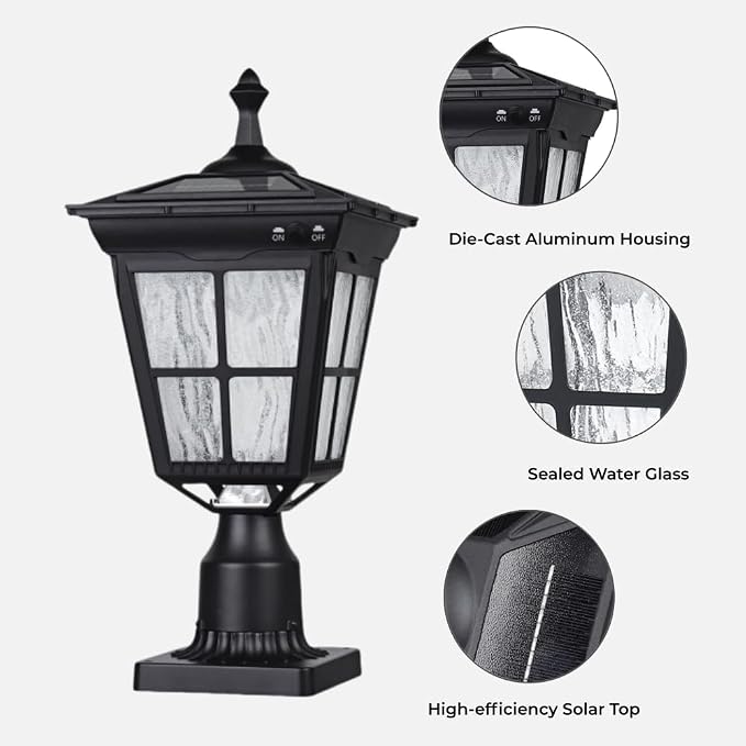 Solar Lamp Post Light, Cast Aluminium Waterproof LED with Glass Outdoor Dusk to Dawn Solar Post Light ST4311AQ for Pier Mount Pillar Gates Garden Pole Column Yard Path Driveway (Black, Lamp)