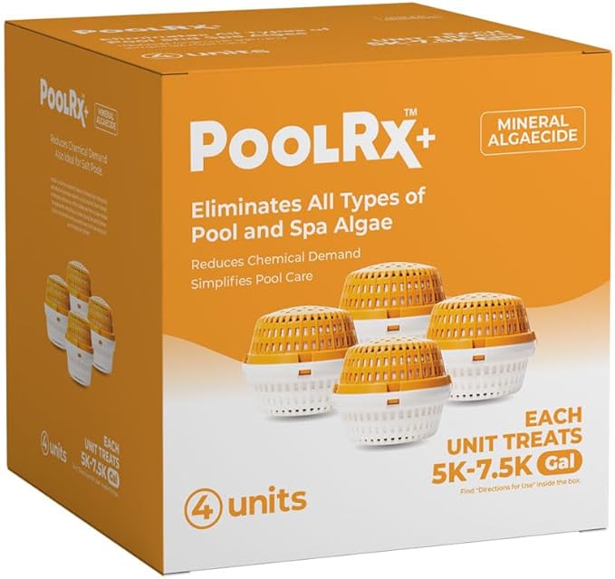 PoolRx+ Mineral Algaecide 4-Unit Pack, up to 6-Month Algae Control, for 5K-7.5K gallons, Orange & White, New Formula with Silver.