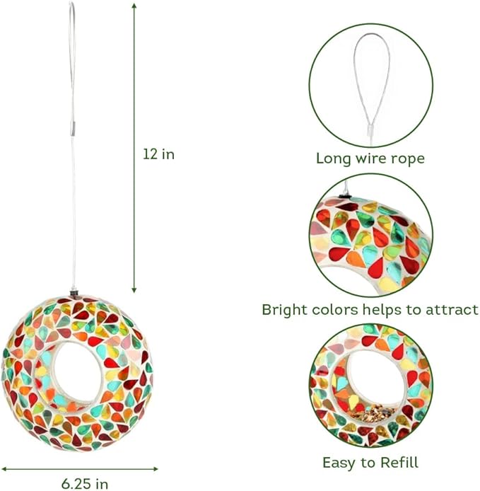 Lily's Home 6 Inches Glass Mosaic Hanging Bird Feeder for Outdoors Fly-Through Large Bird Feeder for Outdoor Garden Decor Backyard, Vibrant Gift for Animal Lovers, Green, Yellow Orange