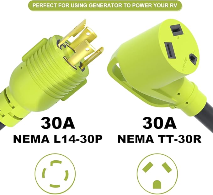 4 Prong 30 Amp RV Generator Adapter Cord,NEMA L14-30P Twist Lock Male Plug to NEMA TT-30R Female,Outdoor Ower Equipment Suitable for RV Trailer Camper,STW 10 AWG,ETL Listed (12 Inch)