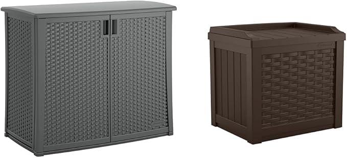 Suncast 42" Outdoor Storage Cabinet and 22 Gallon Resin Storage Seat for Patio, Deck, Yard, and Garage
