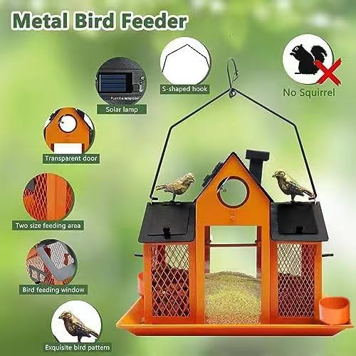 YYWMWM Solar Bird Feeders House for Outside Hanging, Metal Wild Bird Feeder for Outdoors, Large Cardinal Bird Feeder Birdhouses Orange