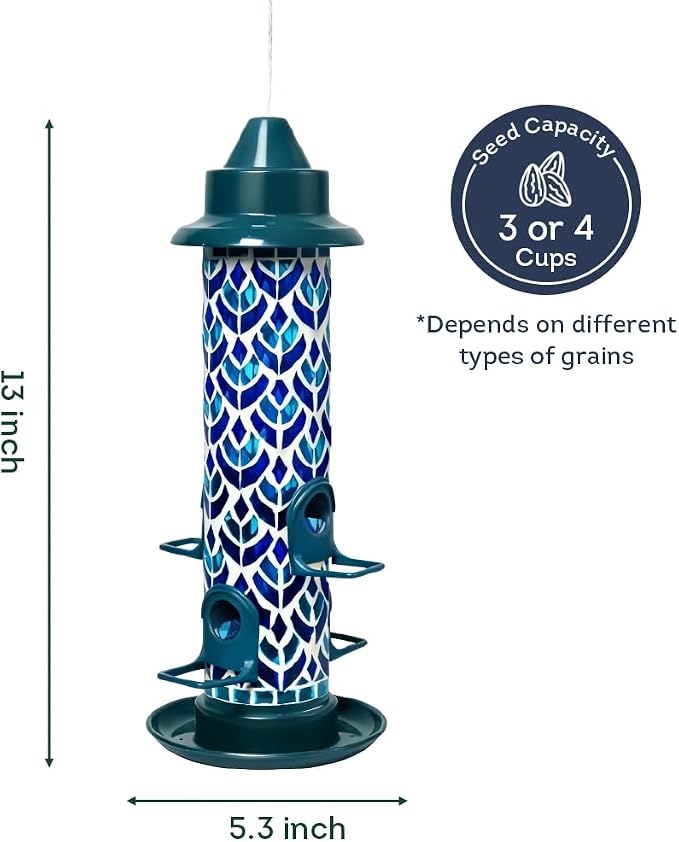 Lily's Home Blue Mosaic Tube Bird Feeder - Attracts Small Birds - 4 Feeding Ports, 3 or 4 Cups Capacity & 6'' Hanging Wire - Tube Bird Feeders for Outdoors Garden - Easy Refill - Twist-Off Cap