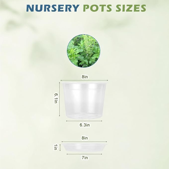 5 Pack 10 Inch Large Clear Nursery Pots with Drainage Hole and Saucers, Plastic Plant Pots for Seedlings, Flowers, Indoor Outdoor Gardening