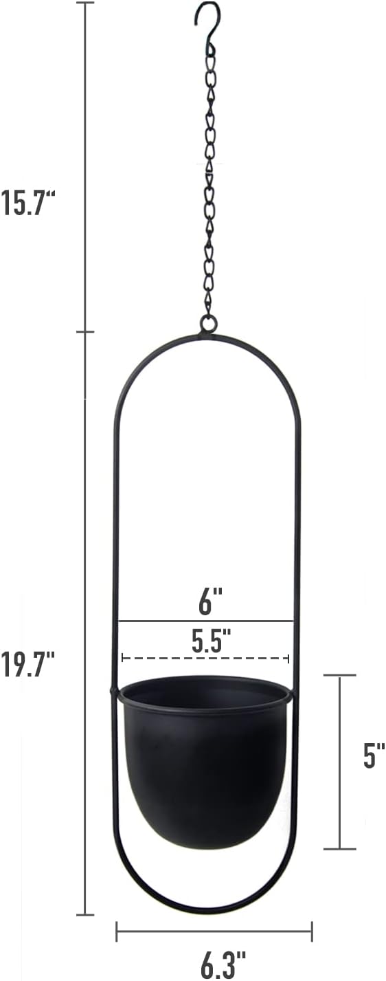 Modern Metal Hanging Planters with 6 Inch Pots and Sturdy Rods - Set of 2 Oval Geometric Plant Hangers - Black Wall and Ceiling Mount Flower Holders for Indoor and Houseplants