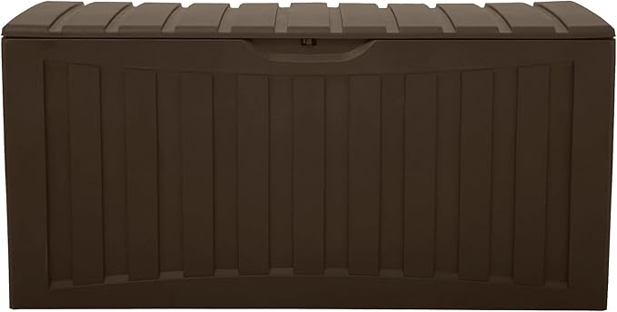 Ram Quality Products Plastic 90 Gallon Outdoor Lockable Backyard Storage Bin Deck Box for Cushions, Pool Accessories, and Towels, Brown
