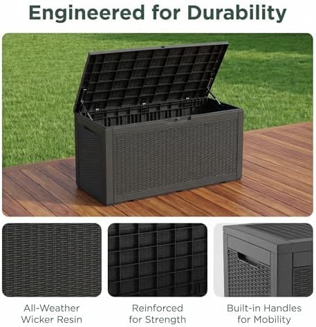 100 Gallon Deck Box, Waterproof Resin Rattan Outdoor Storage Box with Lockable Lid, Fade Resistant Patio Storage Box for Garden Tools, Pool Accessories, Outdoor Cushions, Black
