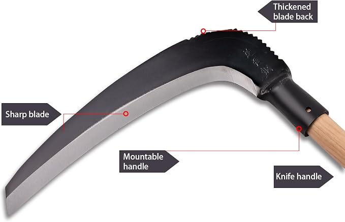 Solid Wood Long Handle Weeding Sickle, 30cm Extended Blade for Efficient Weed & Brush Clearing, 3-Section Adjustable Length, Heavy Duty Gardening Tool for Yard, Garden, Field and Ditch