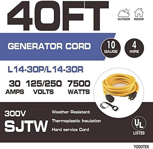 40FT Heavy Duty Generator Locking Power Cord NEMA L14-30P/L14-30R,4 Prong 10 Gauge SJTW Cable, 125/250V 30Amp 7500 Watts Yellow Generator Lock Extension Cord with UL Listed