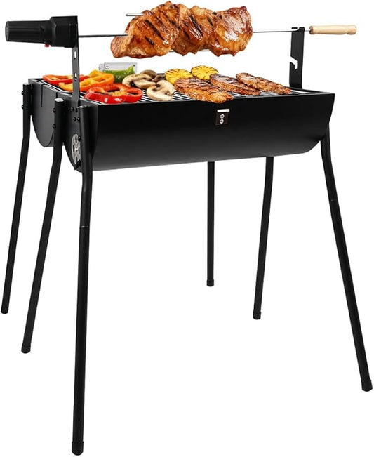 Barrel Charcoal Grill with Thermometer - Small Charcoal Grills with Central Rotisserie Rack Double-sided Smoker Grill Outdoor BBQ Grill, Perfect for Backyard Camping, Patio Parties and Picnics