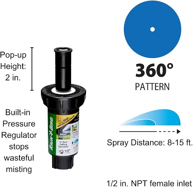 Rain Bird 1802FDSPRS Pressure Regulating (PRS) Professional Dual Spray Pop-Up Sprinkler, 360° Full Circle Pattern, 8' - 15' Spray Distance, 2" Pop-up Height