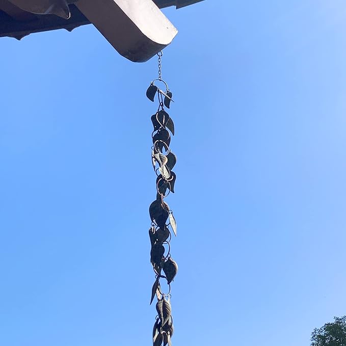 8.5 FT Rain Chain, Rain Chains for Gutters, Metal Rain Chain Downspouts, Circle with Leaves Rain Gutter Chains, Metal Rain Catcher for Outside, Decorative Your House and Garden, Verdigris