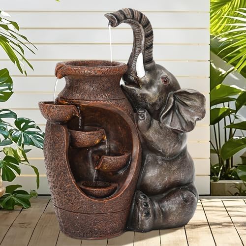 AUTODAYA 19" H Elephant Jar Outdoor Water Fountain, Rustic Farmhouse Water Feature with Tranquil Cascading Waterfall, Relaxing Garden Patio Yard Deck Kitchen Floor Tabletop Decor