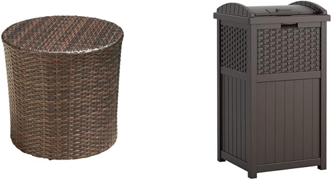 Christopher Knight Home Keaton Wicker Barrel Side Table, Multibrown & Suncast 33 Gallon Hideaway Can Resin Outdoor Trash with Lid Use in Backyard, Deck, or Patio, 33-Gallon, Brown