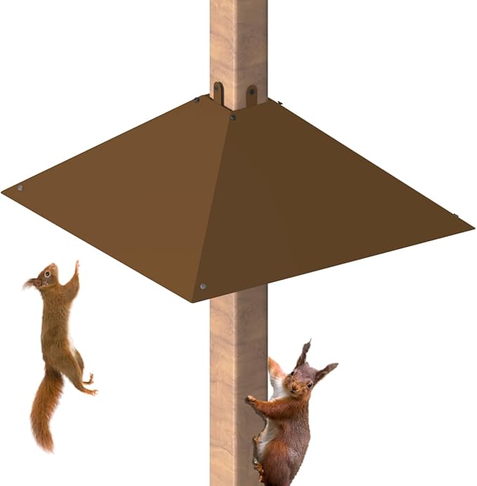 Metal Squirrel Baffle for 4x4 Post, Outside Wooden Pole Mount Squirrel Guards for Bird Feeders, 17 Inch Squirrels Deterrents Stopper to Deter Racoons, Brown, 1pcs, (Patented No.: D1069260)