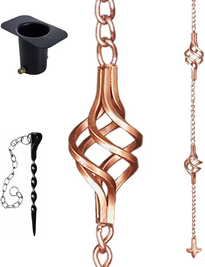 Rain Chains for Gutters with 11 Spiral Cups, 8.5 FT Heavy Duty Rain Catcher Chain Set with Adapter & Anchor, Copper Decorative Water Chain for Outside, Replacement for Gutter Downspout Garden Decor.