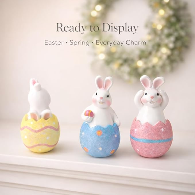 GoGnome 3-Pack Easter Decorations Resin Bunny in Cracked Egg Shell Figurines 5.1''H – Spring Tabletop & Mantel Decor, for Home (Blue/Yellow/Pink)