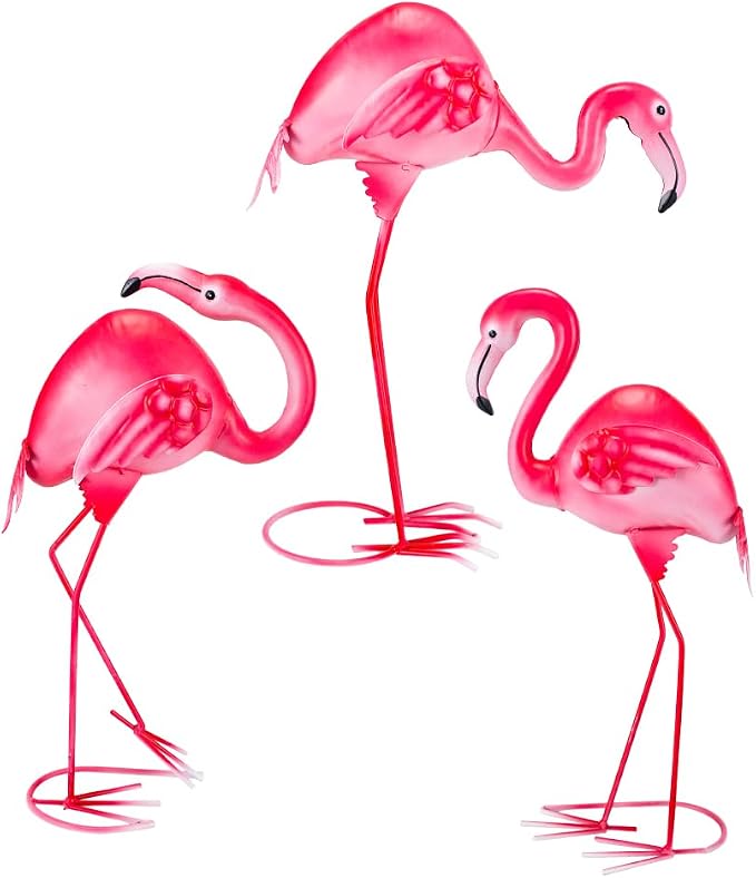 3Pcs Pink Flamingo Yard Decor 15" Metal Yard Art Outdoor Sculptures | Garden Statue Set of 3 Flamingo Birds Lawn Ornarment Tropical Décor for Outside Home Patio Porch Backyard Decorations