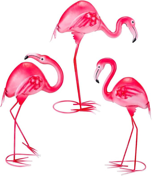 3Pcs Pink Flamingo Yard Decor 15" Metal Yard Art Outdoor Sculptures | Garden Statue Set of 3 Flamingo Birds Lawn Ornarment Tropical Décor for Outside Home Patio Porch Backyard Decorations