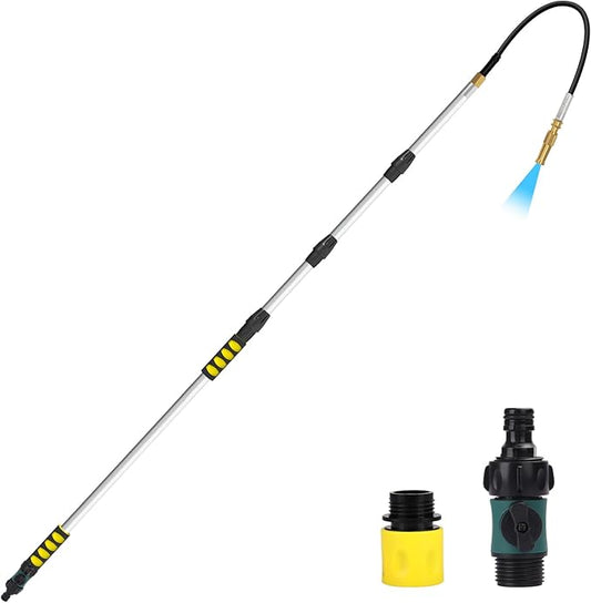24FT Reach Gutter Cleaning Tools from Ground, Telescopic Rain Gutter Cleaner Tool with Garden Hose Attachment and Bendable Sprayer Wand