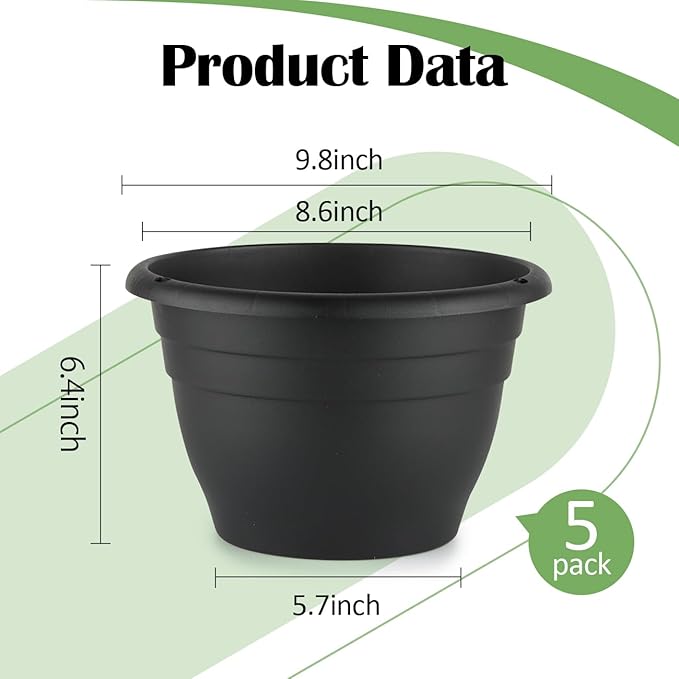 RooTrimmer 5 Pack 10 Inch Plant Pots Plastic Planters with Drainage Holes & Plugs,Lightweight Flower Pots for Indoor Outdoor Plants,Flowers,Monstera,Snake Plant,Home Garden(Black)