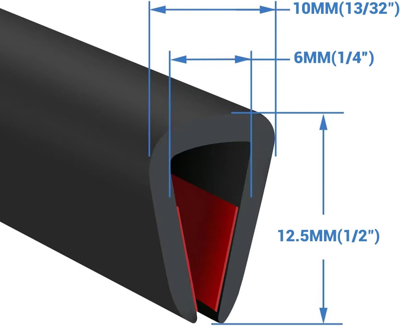 Rubber Edge Trim, Self-Adhesive U Channel Edge Trim, U Shaped Edge Protector for Glass, Mirror, Plywood, EPDM Material, Slot Width 1/4"(6.4mm), Length 10 Ft, Black